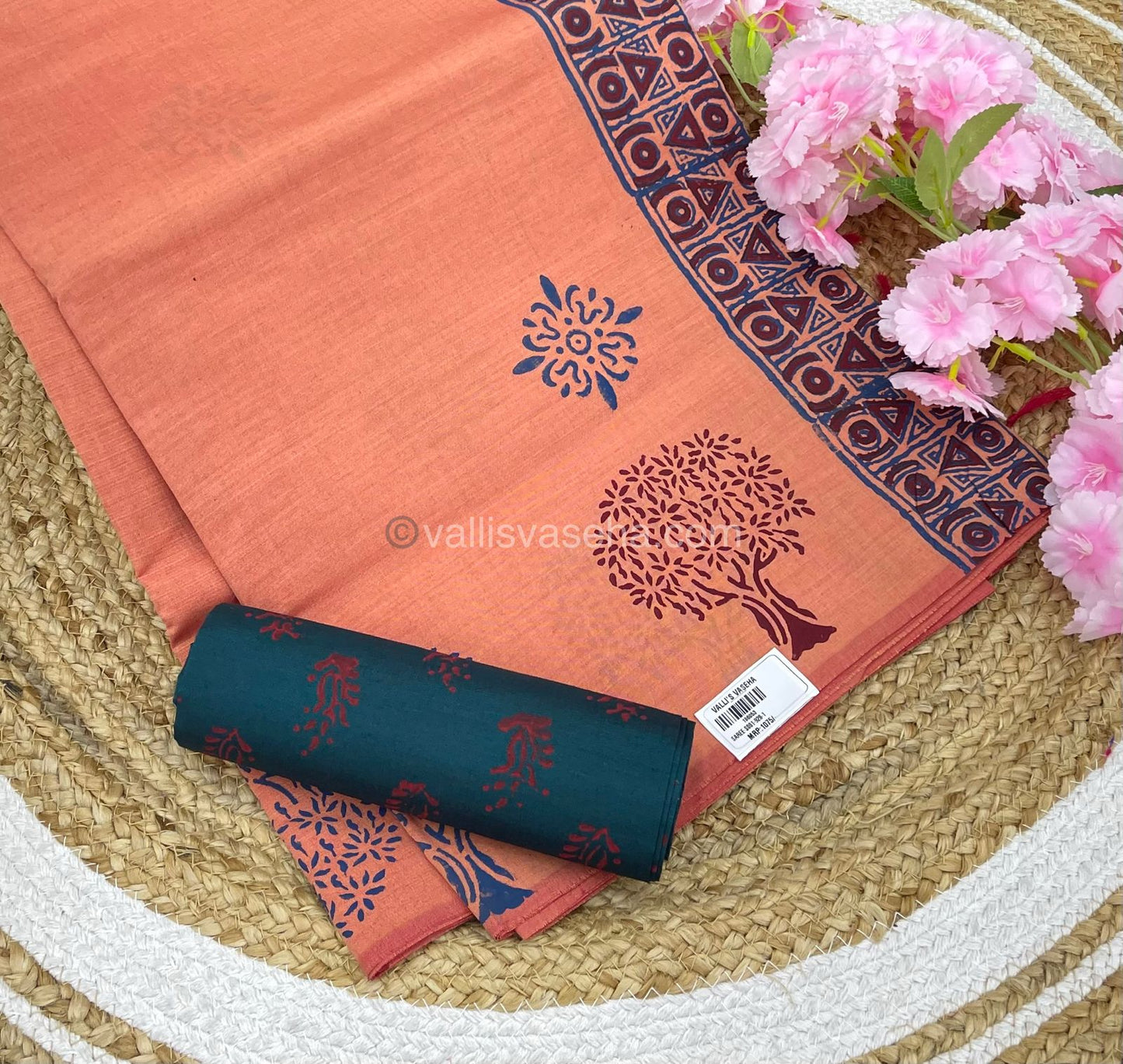 Poly Silk Mixed Printed Cotton - Peach With Ramar Blue - VVPCP002