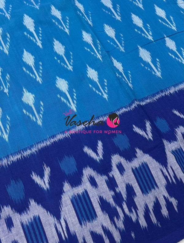 Double Ikkat Pure Cotton Saree -  Blue With Red  - VVIKS002