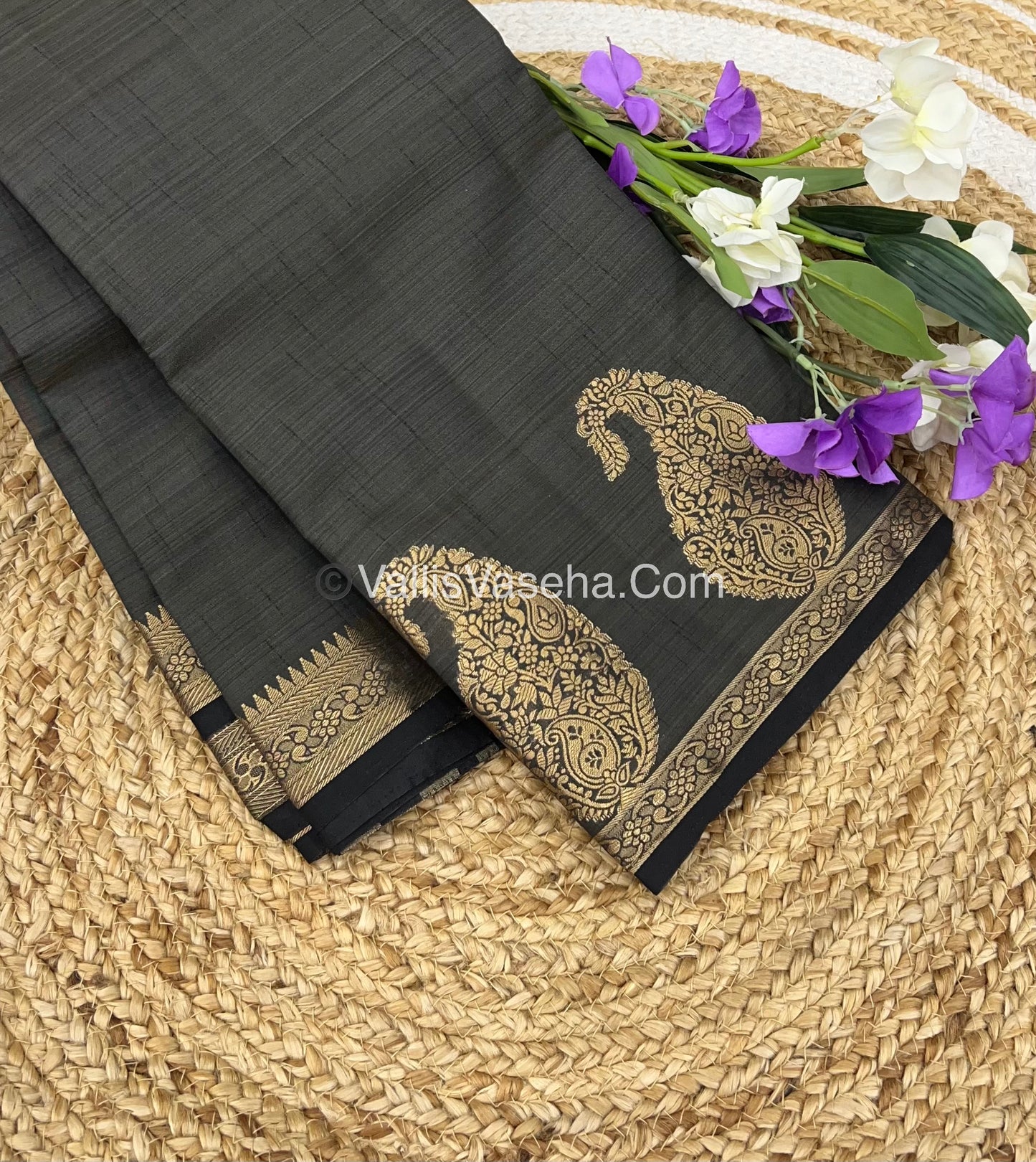 Semi Tussar Silk  - Black Shade - Small Mango Butta - VVSTS002