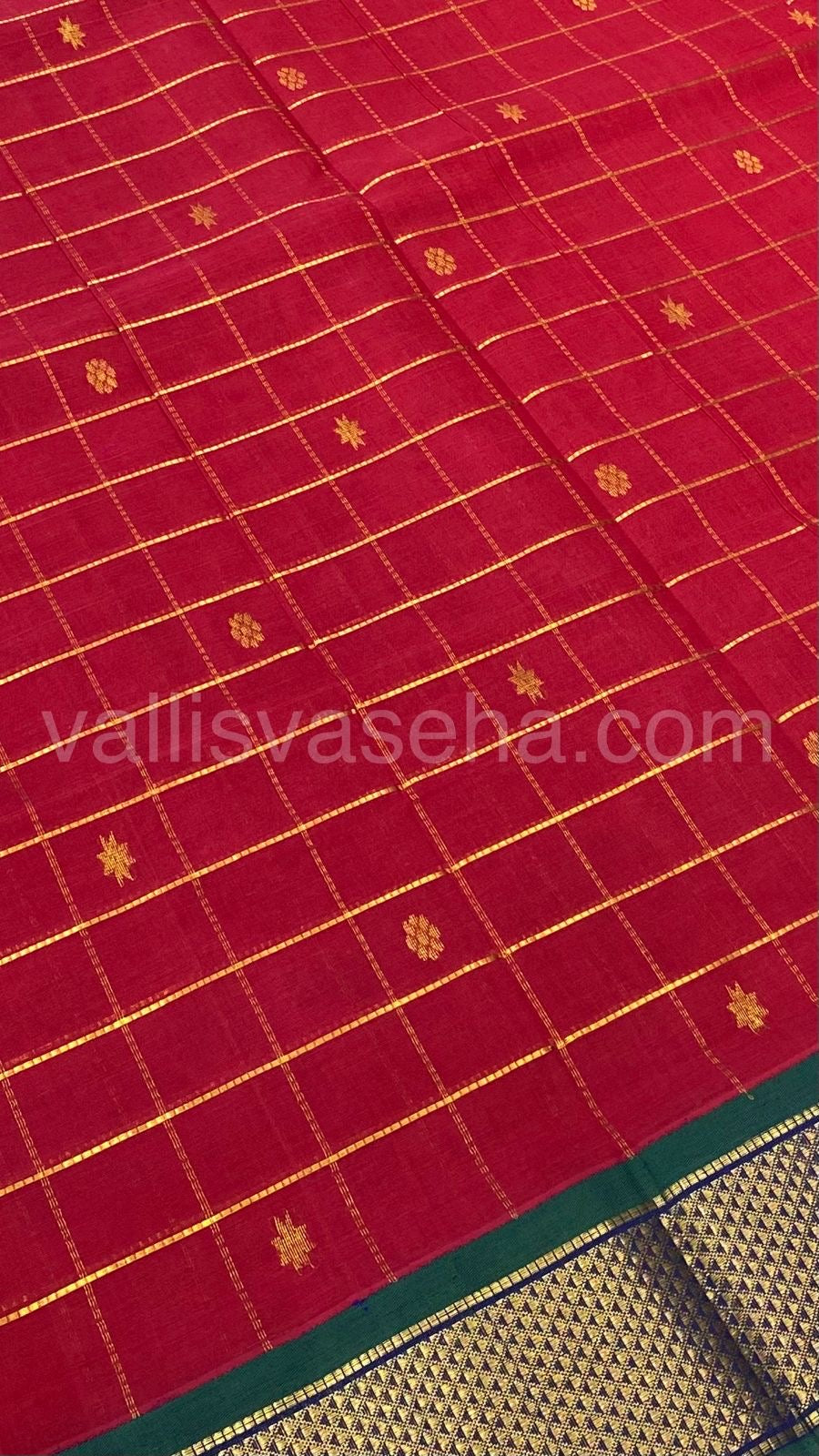 Pure Korvai Silk Cotton - Checks Pattern - Red with Peacock Bluish Green Shade  - VVKSC015