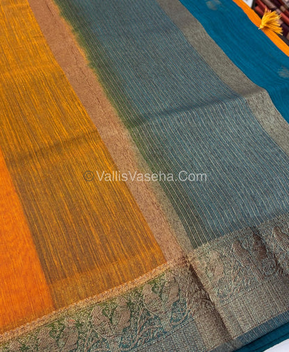 Bamboo Silk Saree - Yellow With Blue Shade - VVBSS005