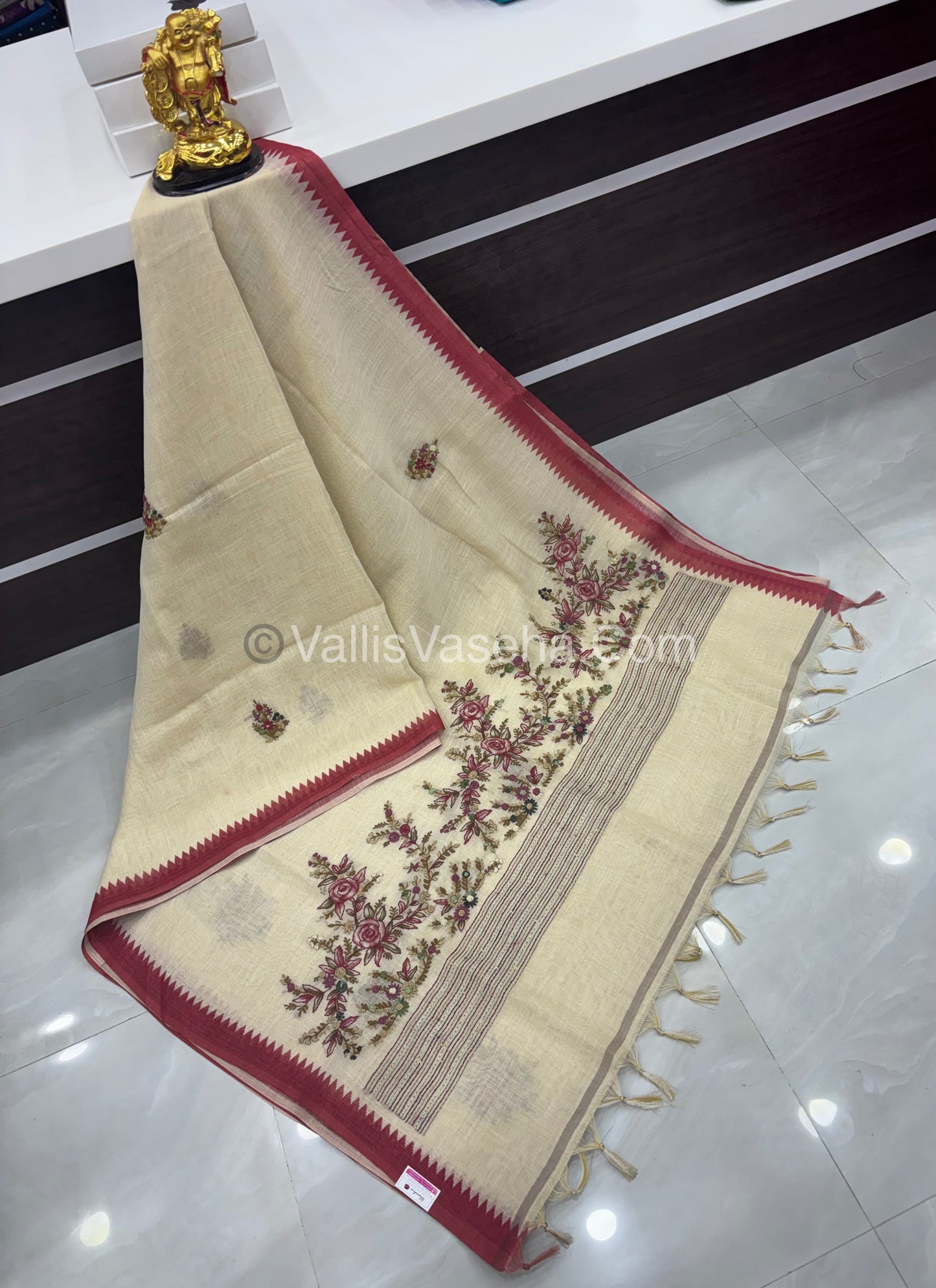 French Knot - Tissue Saree - Cream With Maroon Shade - VVLFN007