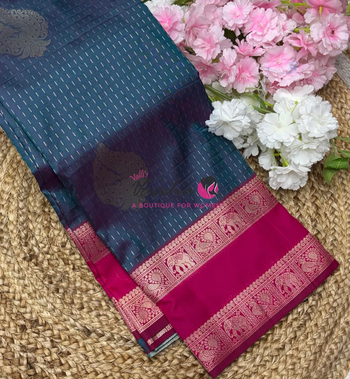 Semi Soft Silk - Greyish Blue With Pink - VVSSS036