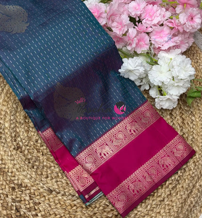 Semi Soft Silk - Greyish Blue With Pink - VVSSS036