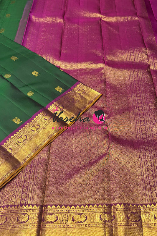 Pure Kanchipuram Silk Saree - Green & Purplish Pink Shade  - VVPS022