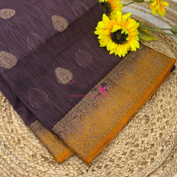 Bamboo Silk Saree- Brown with Yellow Shade - VVBSS016