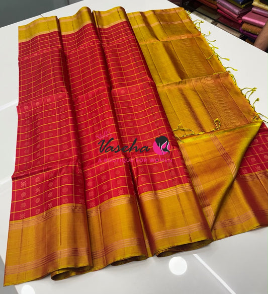 Pure Soft Silk Saree -Red & Mango Yellow Shade - VVPSS116