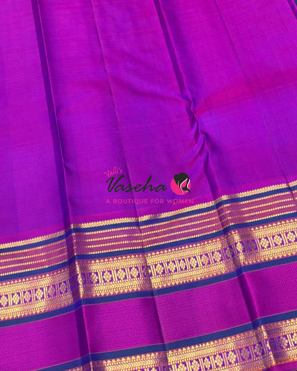 Pure Korvai Kanchipuram Silk Saree - Peacock Blue & Purplish Pink Combo - VVPS022