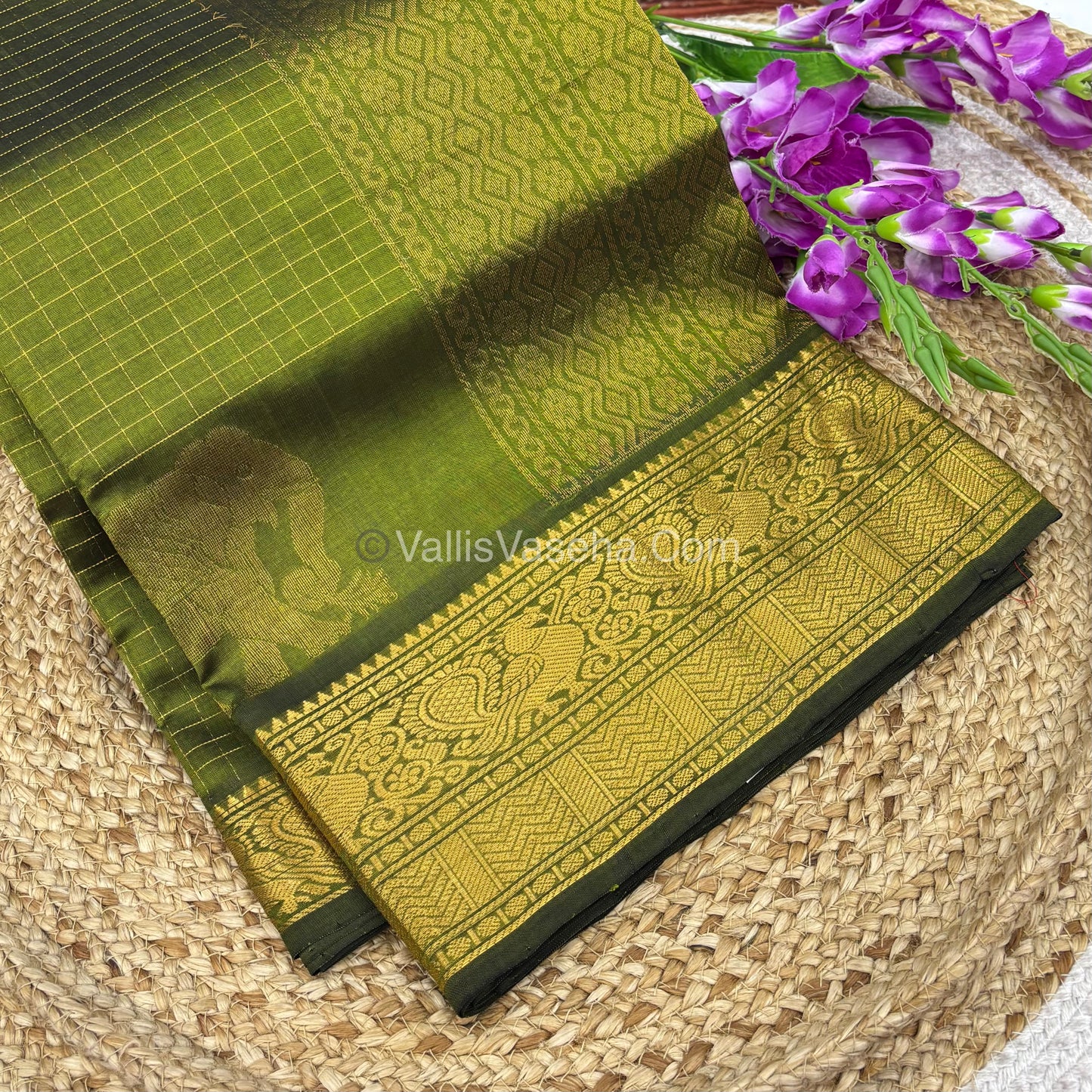 Pure Korvai Silk Cotton - Checks Pattern - Green Shade  - VVKSC033