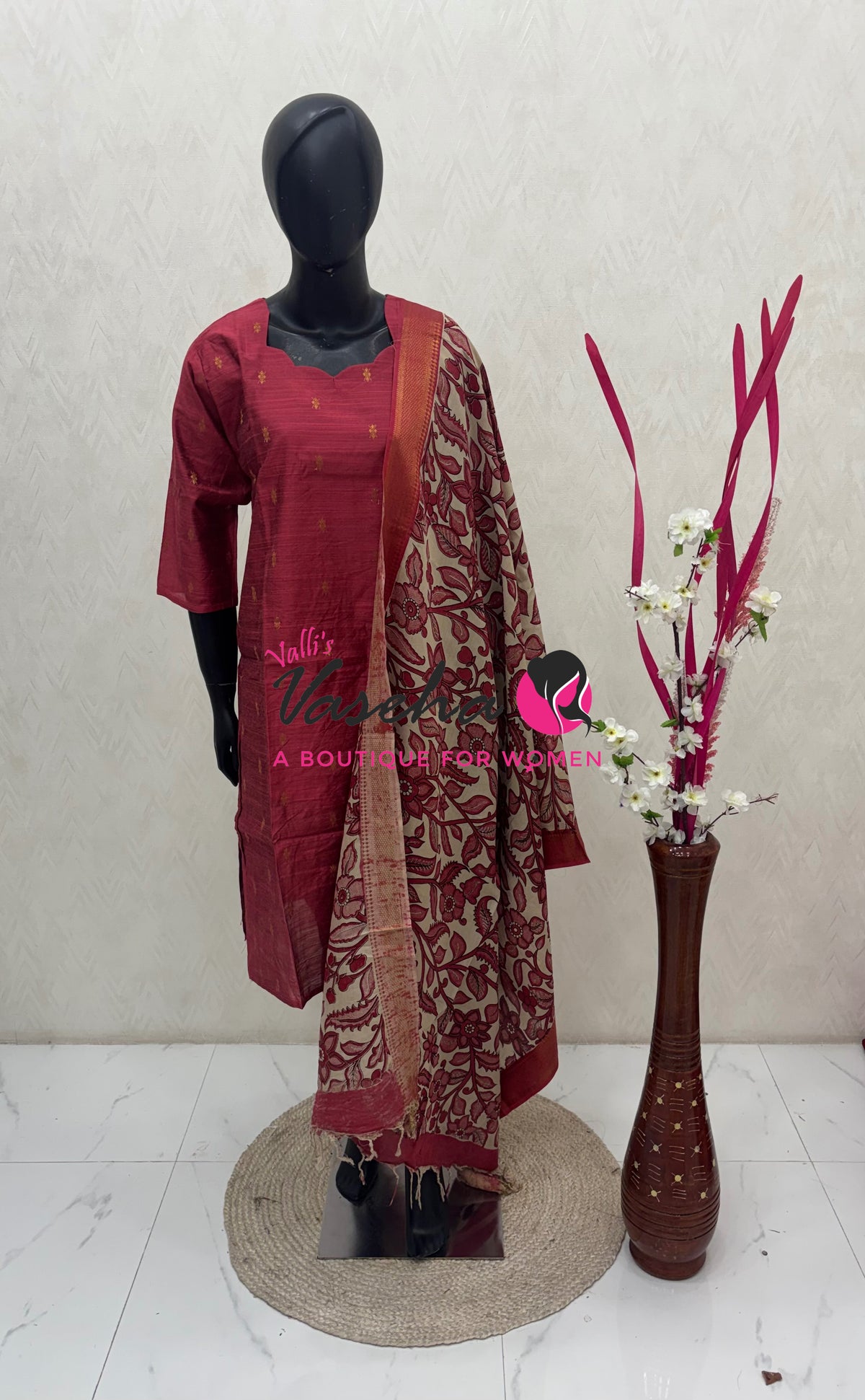 Ready Made - Semi Raw Silk Kurti with Chennur Silk Kalamkari Duppatta - 2pc Set - VVSRK002