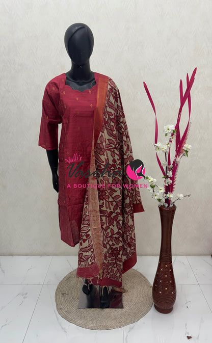 Ready Made - Semi Raw Silk Kurti with Chennur Silk Kalamkari Duppatta - 2pc Set - VVSRK002