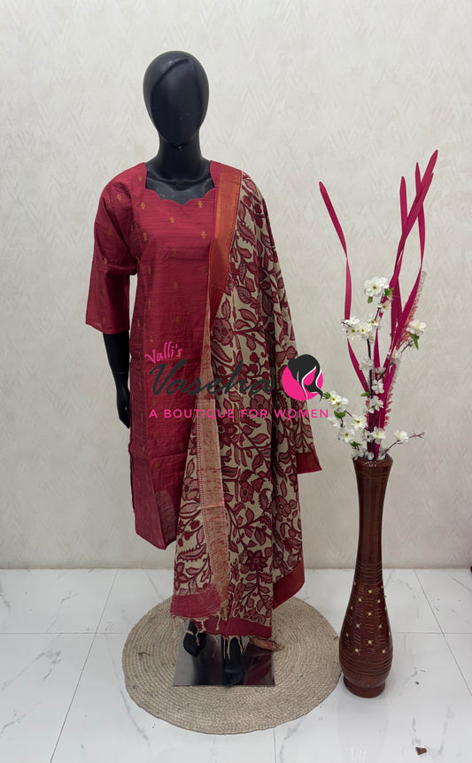 Ready Made - Semi Raw Silk Kurti with Chennur Silk Kalamkari Duppatta - 2pc Set - VVSRK002