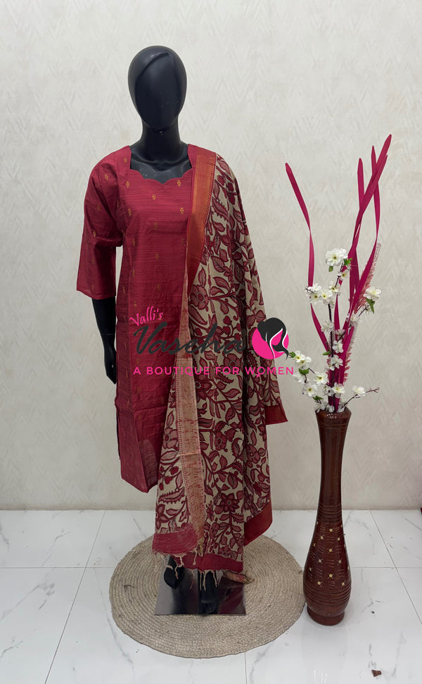 Ready Made - Semi Raw Silk Kurti with Chennur Silk Kalamkari Duppatta - 2pc Set - VVSRK002