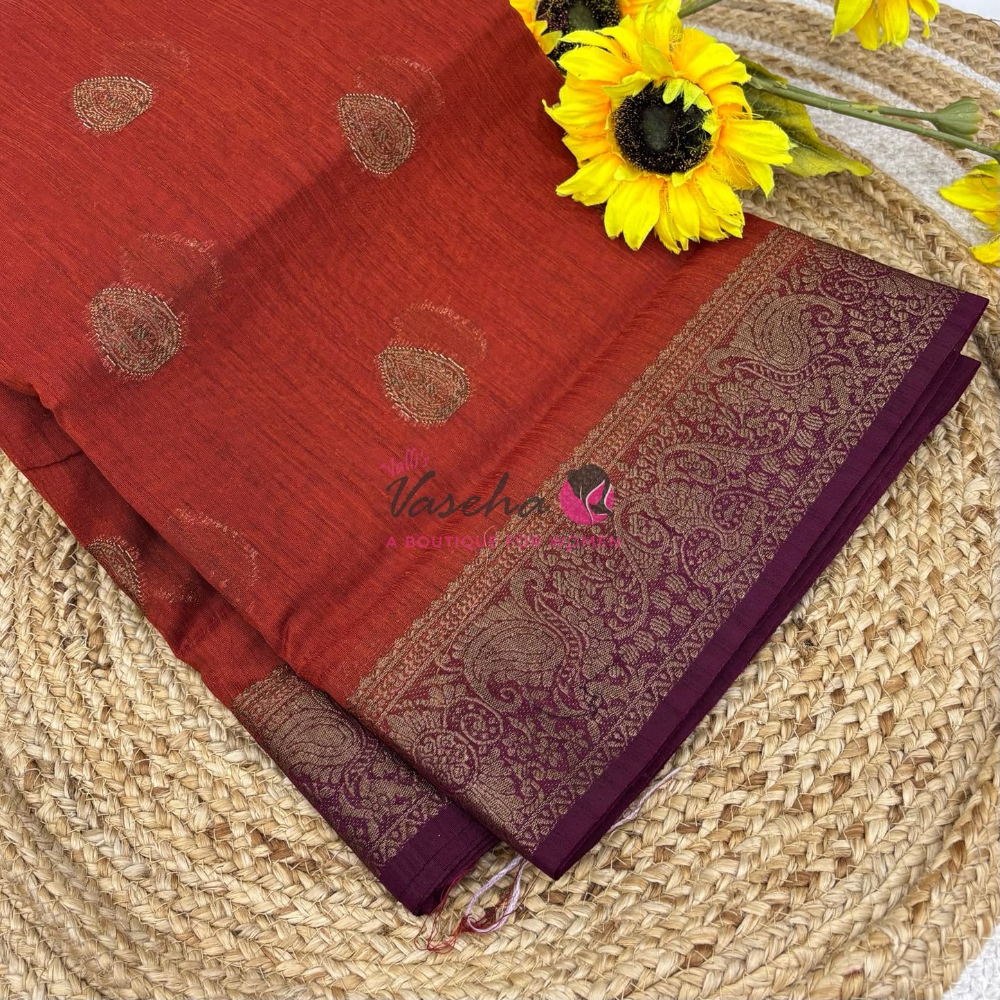 Bamboo Silk Saree- Orange with Maroon Shade - VVBSS016