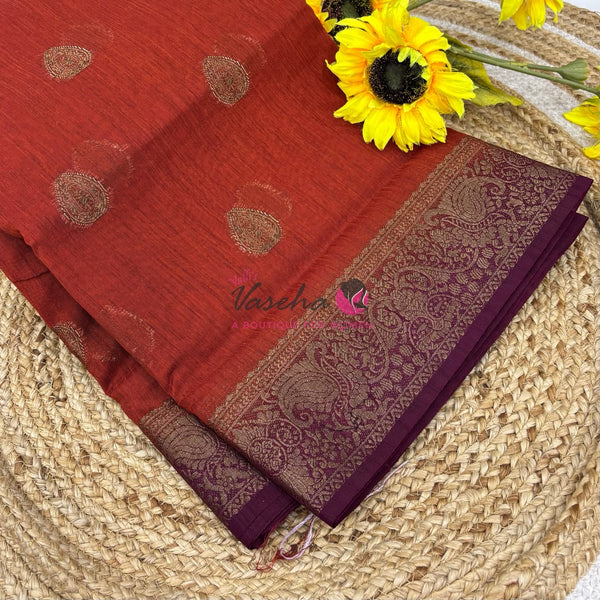 Bamboo Silk Saree- Orange with Maroon Shade - VVBSS016
