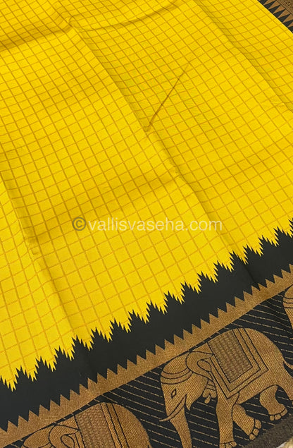 Semi Silk Saree - Kanchi Silk Style - Elephant Border - Yellow with Black- VVSSS005