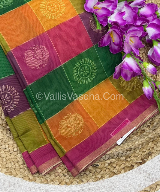 Semi Chanderi Saree -  Pazhum Pazhamum checks - VVSCS004