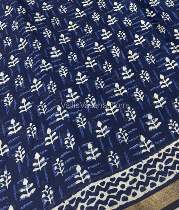 Semi Maheshwari Mixed Cotton Saree - Linen Feel - Indigo Blue & Black - VVMSC003