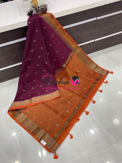 Semi Jute Silk Saree - Wine With Orange Shade- VVSJS002