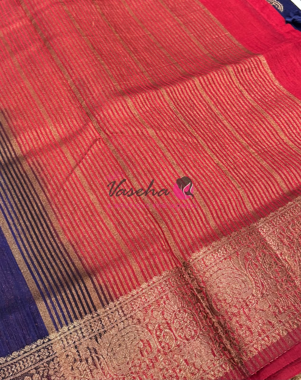 Bamboo Silk Saree- Blue with Reddish Pink Shade - VVBSS016