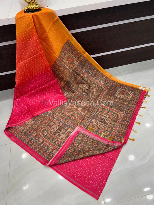 Semi Chanderi Saree - Fusion Of Bandhini & Madhubani- VVSCS002