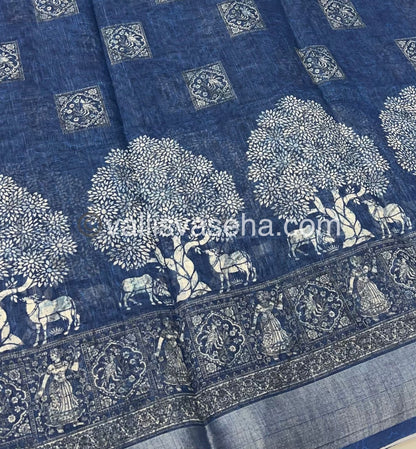 Linen Mixed Cotton Saree - Indigo Blue - Printed - VVLMP001