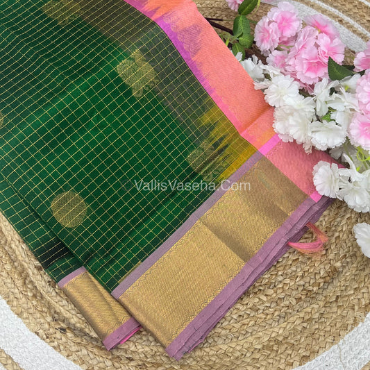 Pure Silk Cotton Saree - Mayil & Chakkaram Design - Green With Peachish Pink Combo - VVMC002