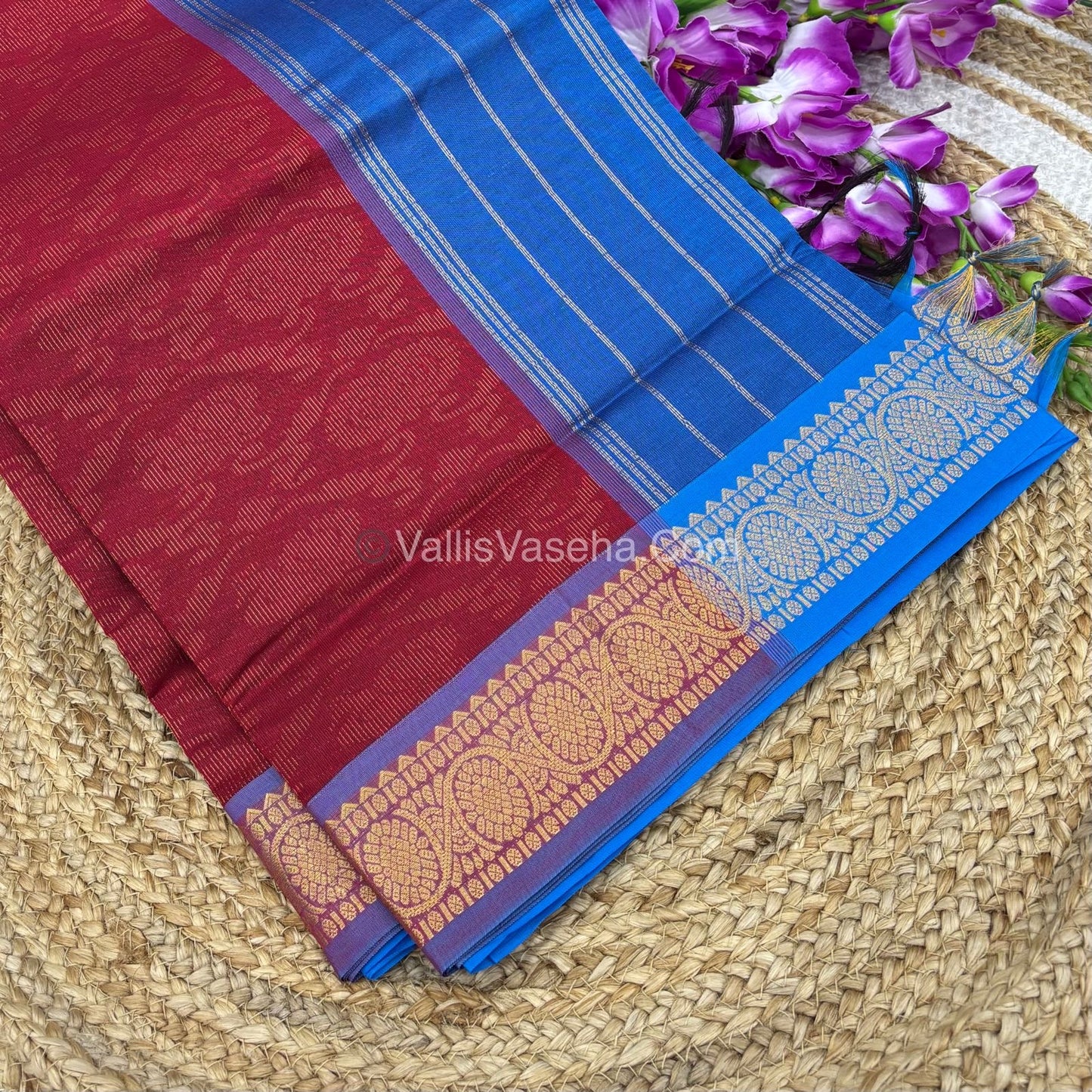Semi Silk Cotton Saree - Red With Blue Shade - VVSSC007
