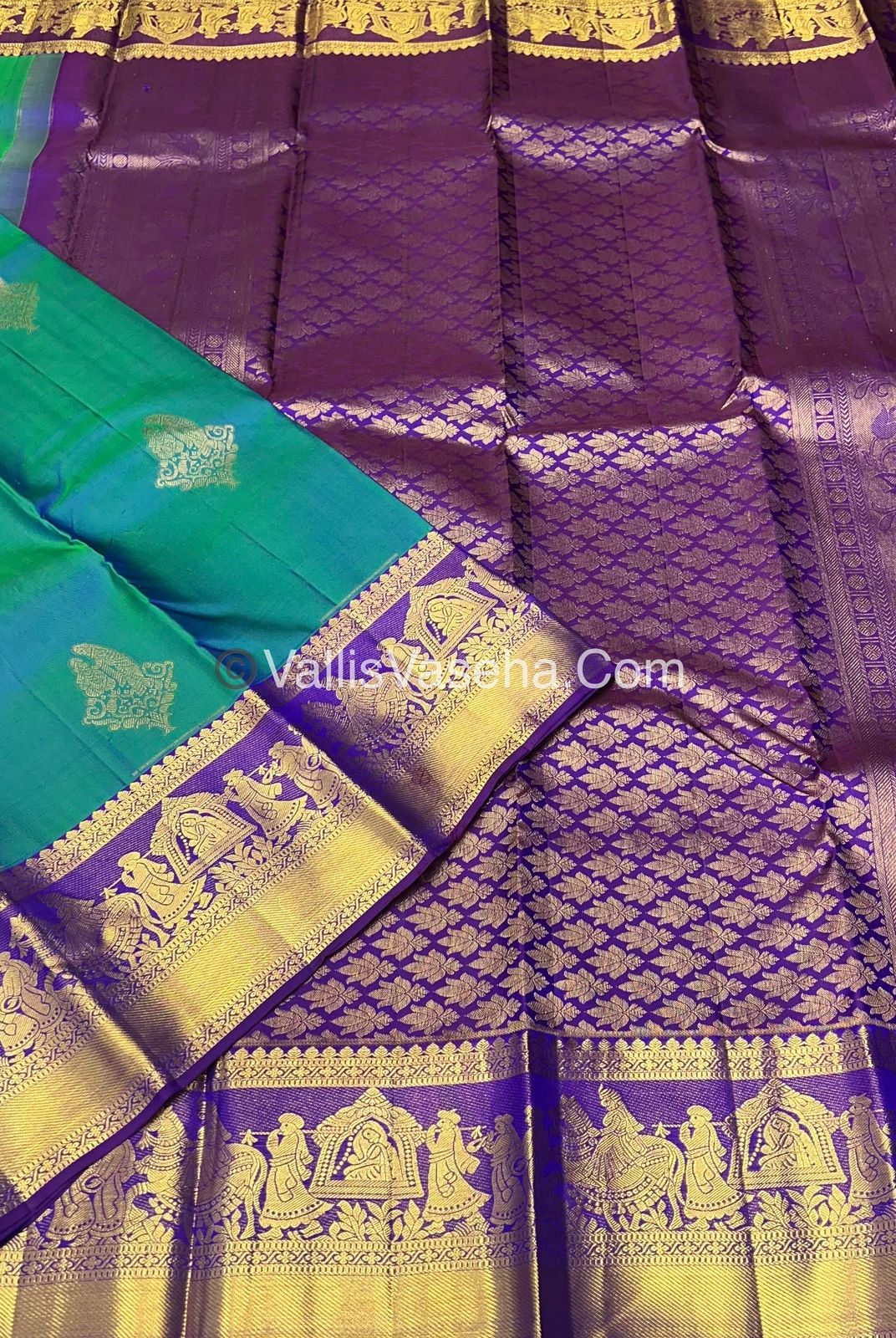 Pure Kanchipuram Silk Saree - Double Tone Peacock Blue with Purplish Pink Shade - VVPS014