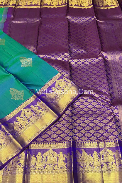 Pure Kanchipuram Silk Saree - Double Tone Peacock Blue with Purplish Pink Shade - VVPS014