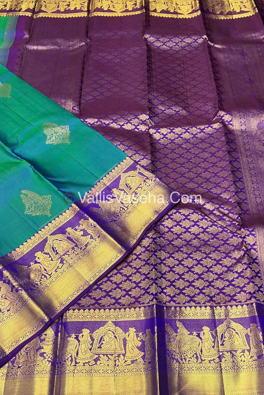 Pure Kanchipuram Silk Saree - Double Tone Peacock Blue with Purplish Pink Shade - VVPS014