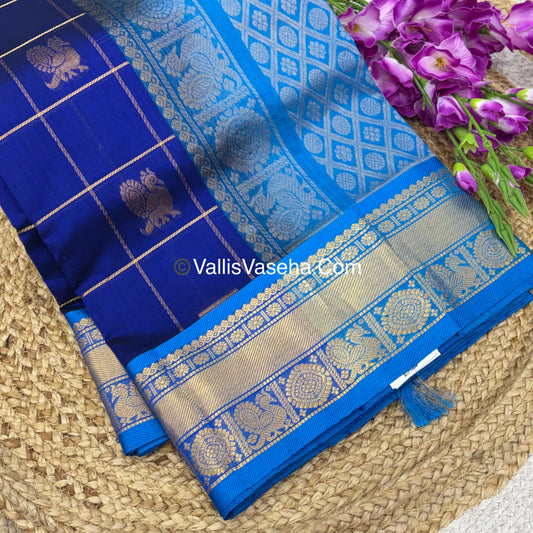 Pure Silk Cotton Saree - Mayil & Chakkaram Design - Blue With Blue Shade - VVMC001