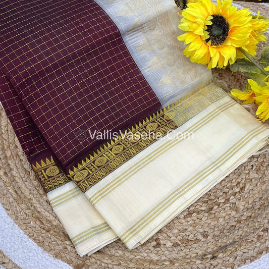 Pure Korvai Silk Cotton - Retta Petta Border - Meroon with Cream Combo - VVKSC010