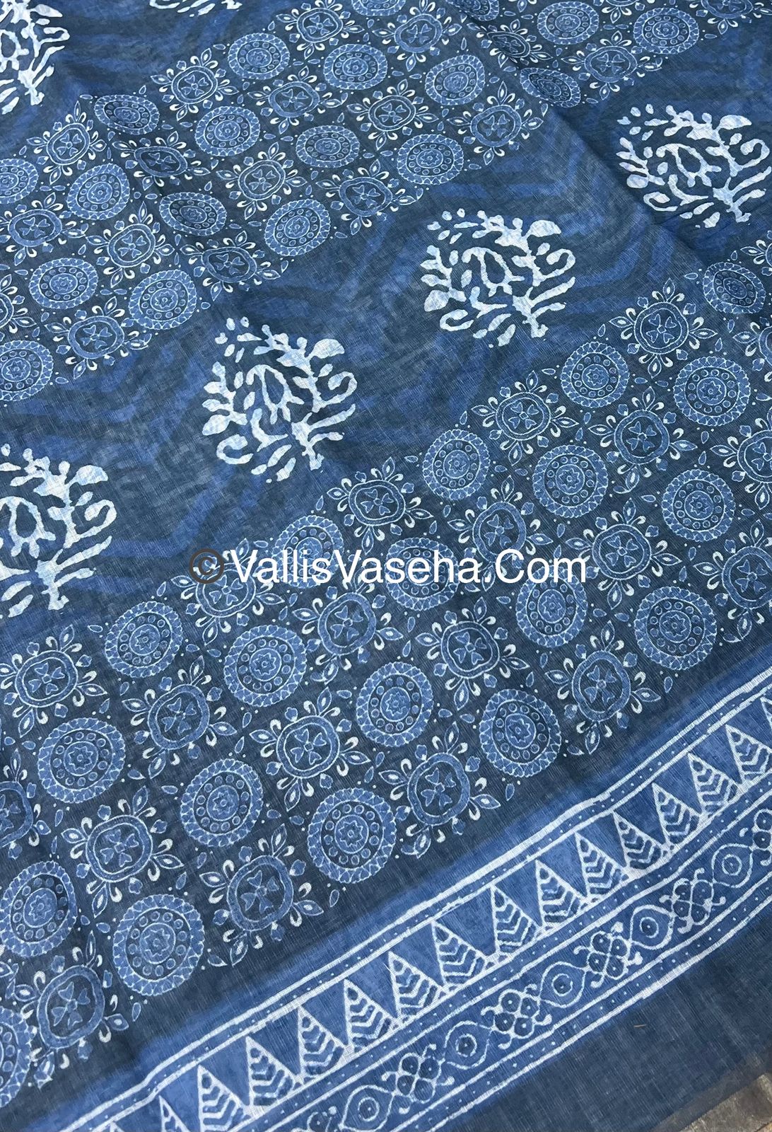 Linen Mixed Cotton Saree - Indigo Blue - Printed - VVLMP001