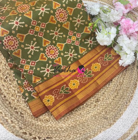 Semi Patola | Printed Silk Saree - Green With Rust Orange Combo - VVSPS001