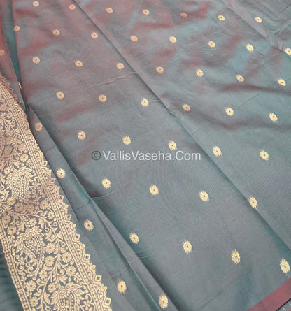 Semi Soft Silk - Tree With Double Birds Butta Border - Greenish Grey  Shade -VVSSS011