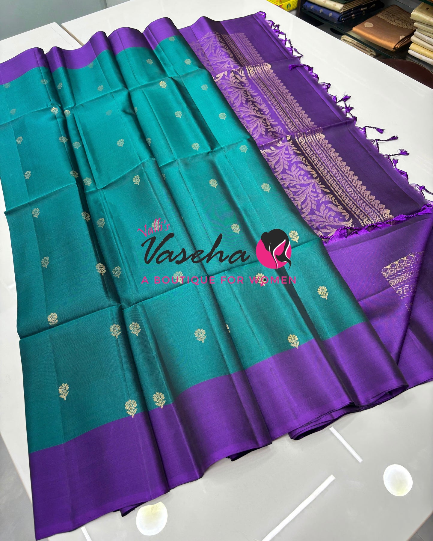 Half Mixed  Soft Silk Saree - Peacock Blue & Purple - VVPSS073