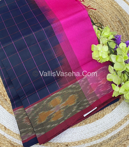 Semi Silk Cotton Saree - Navy Blue &  Pink  - VVSSC001