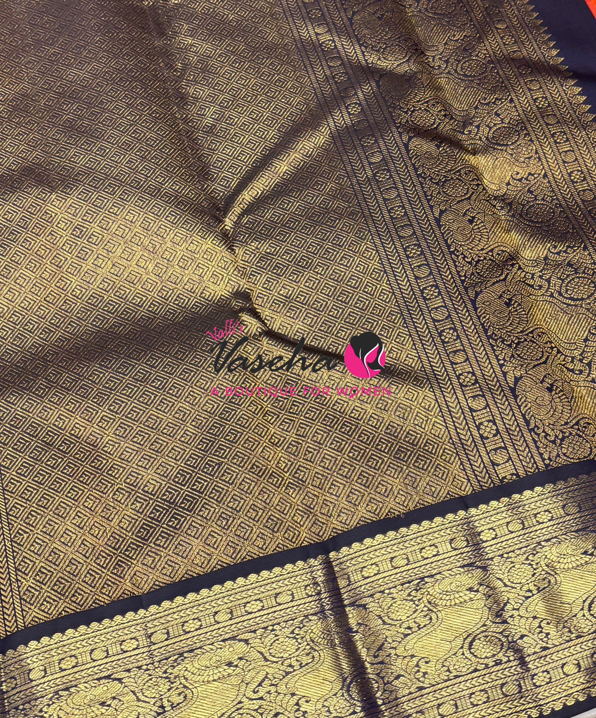 Pure Vintage Korvai Kanchipuram Silk Saree - Orangish Peach With Blue - VVPS102