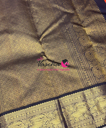 Pure Vintage Korvai Kanchipuram Silk Saree - Orangish Peach With Blue - VVPS102
