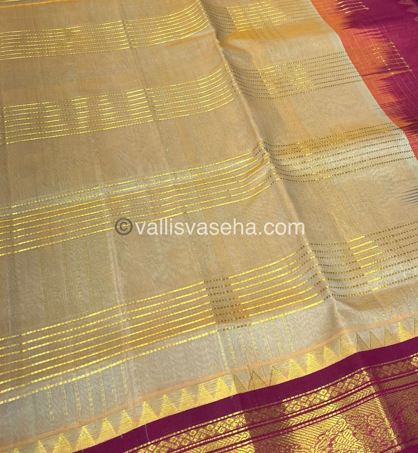 Pure Korvai Silk Cotton - Zari checks lines - Cream Gold & Merunish Pink Combo - VVKSC010