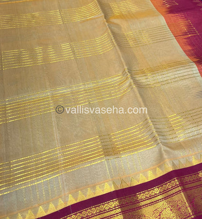 Pure Korvai Silk Cotton - Zari checks lines - Cream Gold & Merunish Pink Combo - VVKSC010