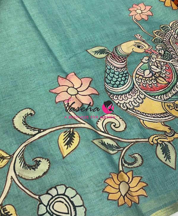 Linen Appliqué Work Saree - Blue Shade - VVLAS001