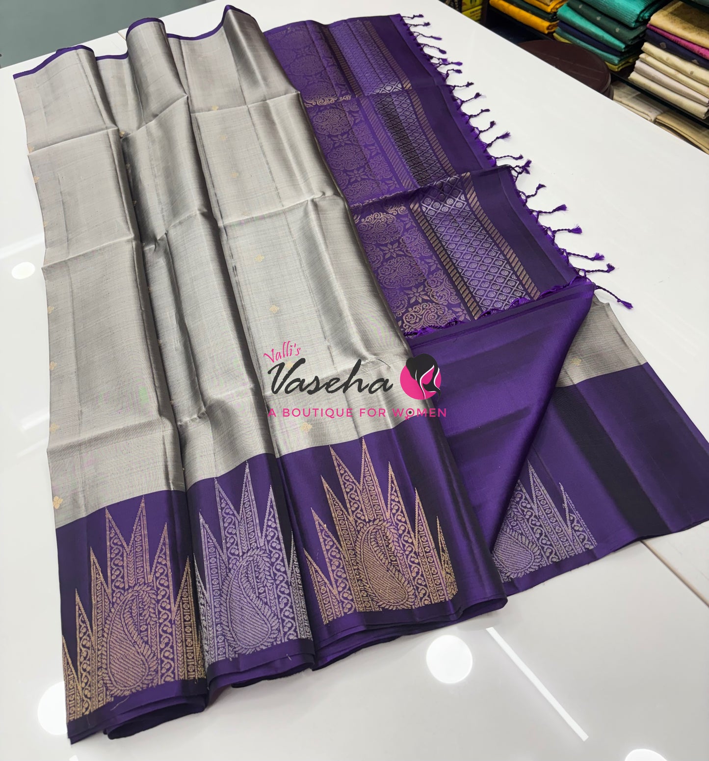 Pure Soft Silk Saree - (1.75 Warp) Shade Of Grey & Purple Combo - VVPSS064