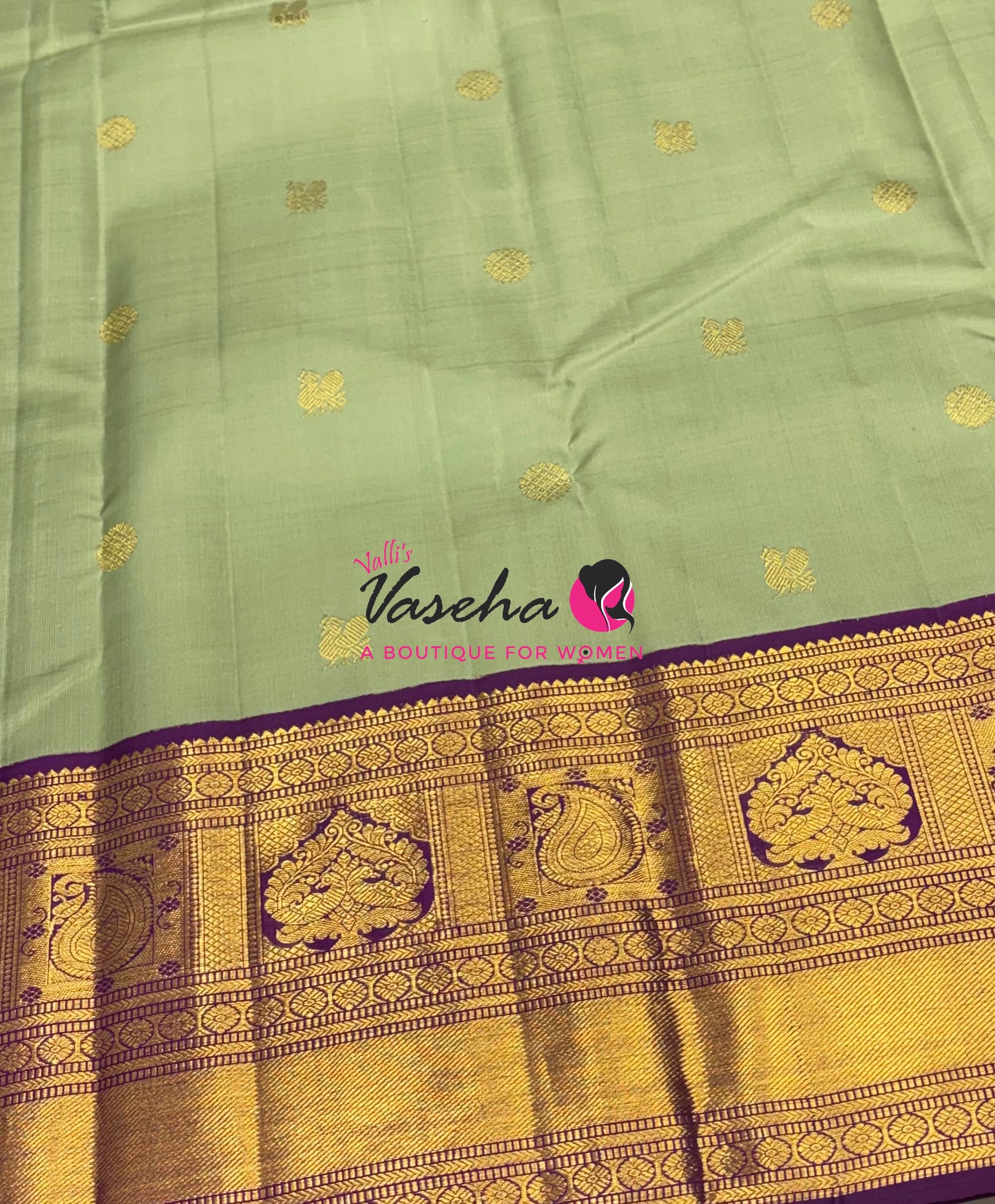 Pure Vintage Korvai Kanchipuram Silk Saree - Pastel Green With Purple - VVPS062
