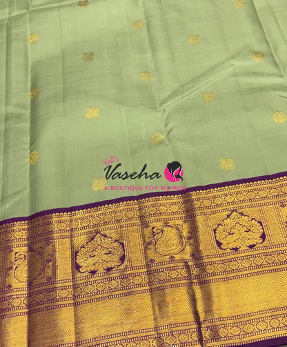Pure Vintage Korvai Kanchipuram Silk Saree - Pastel Green With Purple - VVPS062