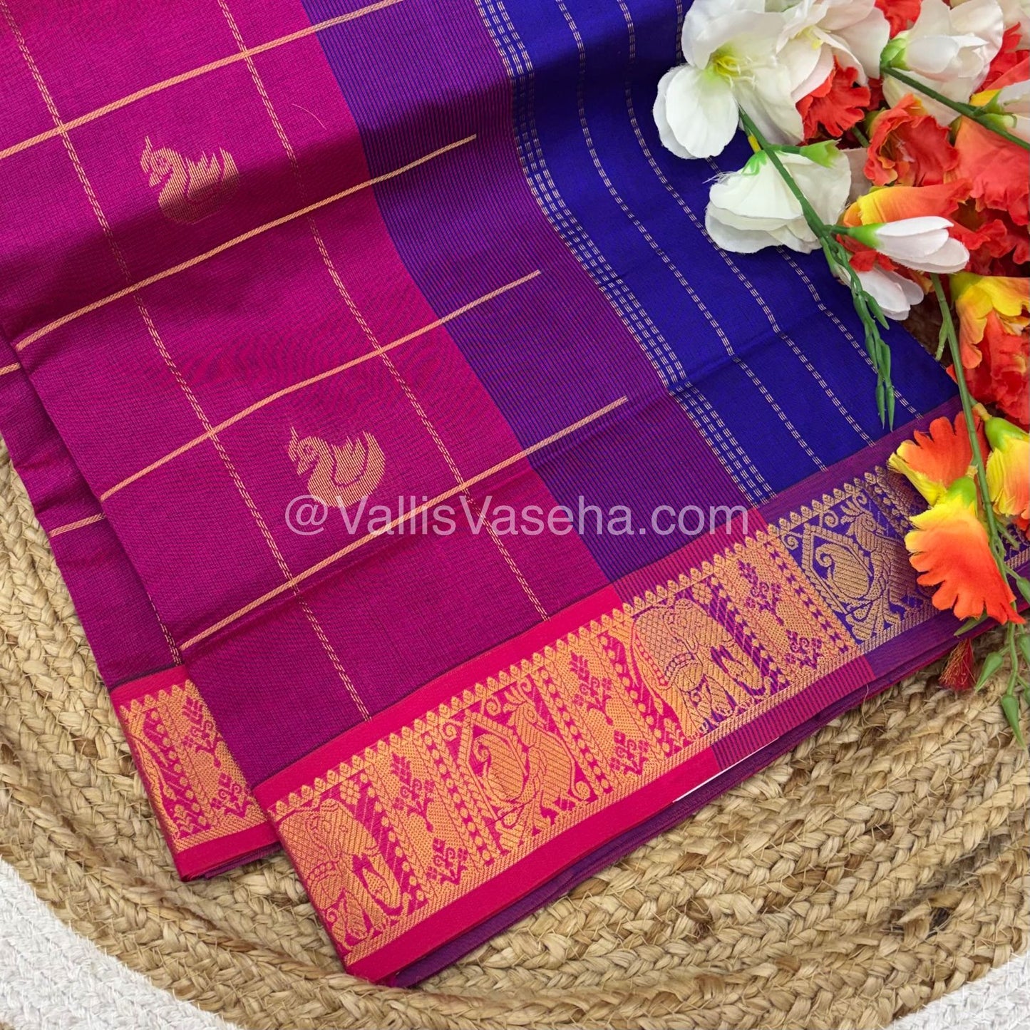Semi Silk Cotton Saree - Pink with Blue shade - VVSSC002