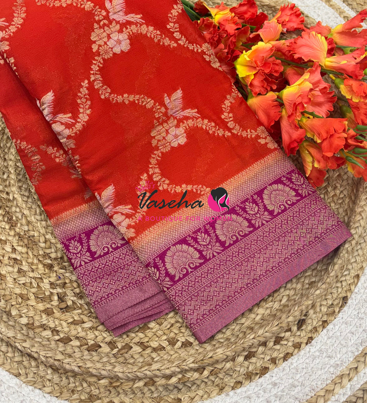 Banarasi Georgette Saree - Orange With Pink Combo - VVBGS002