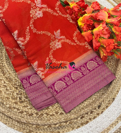 Banarasi Georgette Saree - Orange With Pink Combo - VVBGS002