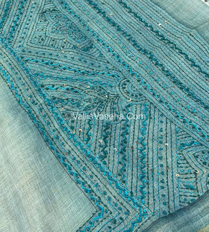 French Knot - Linen Tissue Saree - Blue Shade - VVLFN004